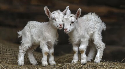   Two white baby goats stand beside each other on a hay pile, facing a brick wall with adjacent hay bales