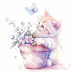 Adorable Kitten Playing with Butterfly and Flowers Watercolor Illustration - 783362268