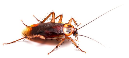 Macro shot of a brown domestic cockroach. Cockroach showcasing detailed texture. Isolated on white background. Concept of household pest, infestation prevention, sanitation, and home safety.