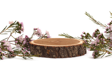 Wood circle stump, flower platform podium on white background. Minimal empty display product presentation scene.