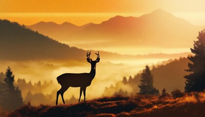 horizontal banner silhouette of deer doe fawn standing on hill forest and mountains in background magical misty landscape fog yellow orange brown illustration background