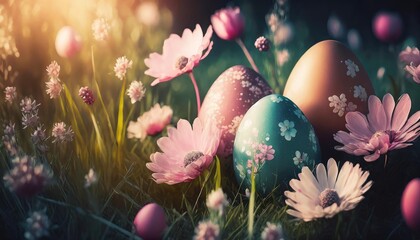 easter background of painted eggs and and soft pink flowers in meadow ai generative