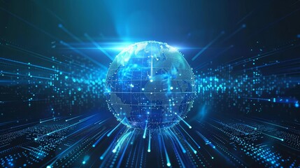 futuristic digital background with a blue globe symbolizing global technology and innovation