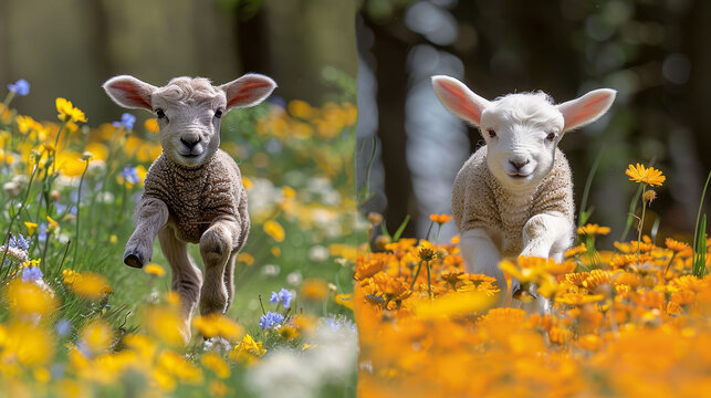  one featuring two lambs in a field of wildflowers, the other depicts a single lamb running through wildflowers