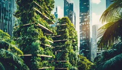 urban jungle concept with overgrown vegetation on buildings blending nature and city life futuristic cityscape with green architecture design for sustainability and environmental art - obrazy, fototapety, plakaty