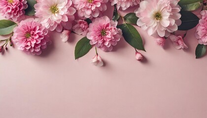 pink spring flowers at top of pastel pink background with empty copy space