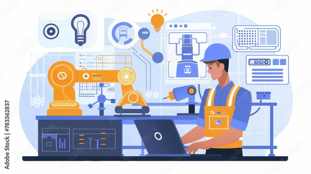 Poster engineer using laptop for smart factory automation software industry 40 technology concept illustrat