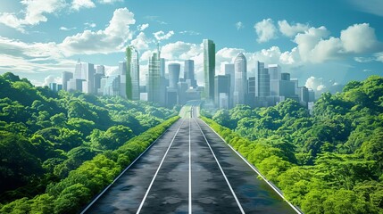 futuristic green sustainable highway stretching towards a modern city skyline vibrant 3d illustration background - obrazy, fototapety, plakaty