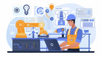 engineer using laptop for smart factory automation software industry 40 technology concept illustration