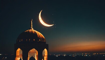 ramadan kareem background crescent moon at a top of a mosque - Powered by Adobe
