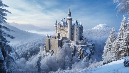 magic castle in a winter wonderland fantasy snowy landscape winter castle on the mountain winter...