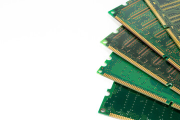 Closeup of five computer memory modules isolated on white background