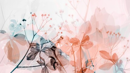ethereal spring floral composition with delicate flowers and abstract shapes botanical art