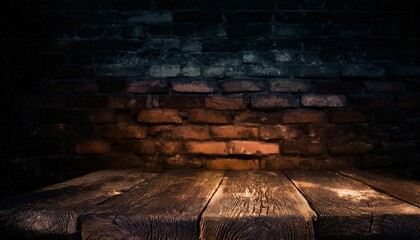 old wooden table with brick background dark