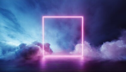 3d render abstract minimal background pink blue neon light square frame with copy space illuminated...