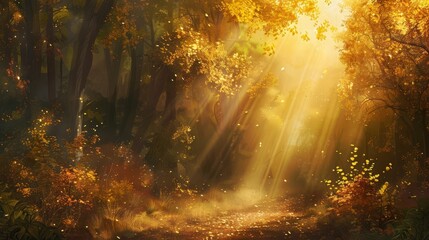 ethereal sun beams filtering through an enchanted autumn forest creating a magical atmosphere digital painting
