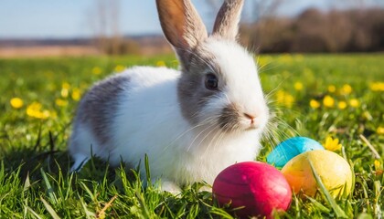 cute bunny rabbit with colorful easter eggs