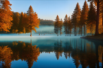 Trees with autumn leaves reflected in the lake in the morning mist - obrazy, fototapety, plakaty
