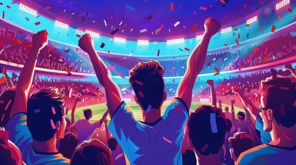 excited soccer fans celebrating teams victory at crowded stadium joyful crowd cheering with raised arms digital sports illustration