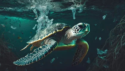 Fotobehang generative ai illustration of a sea turtle navigates through ocean waters entangled with harmful plastic waste depicting the dire effects of pollution © Nathaniel