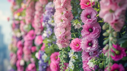   A building adorned with pink and purple flowers, their stems trailing down the side, while green foliage adorns the wall - obrazy, fototapety, plakaty
