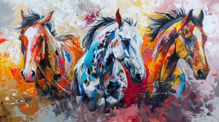 Fototapeta na wymiar expressive freehand oil painting with animal prints and horses modern art for various applications