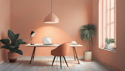 Workplace in Peach Fuzz 2024 color trend. Painted walls and rich furniture - chairs and table with...