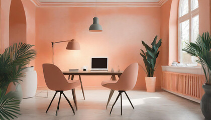 Workplace in Peach Fuzz 2024 color trend. Painted walls and rich furniture - chairs and table with...
