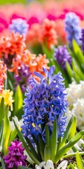 Group multicolored blooming hyacinths. Spring landscape.