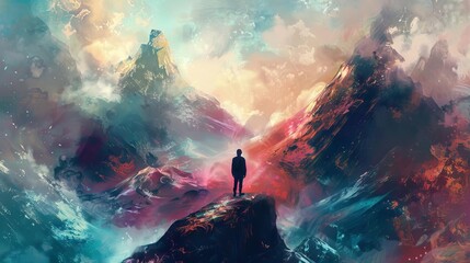 expressive textured portrait of a wanderer in a surreal nightmare mountain landscape digital painting - obrazy, fototapety, plakaty