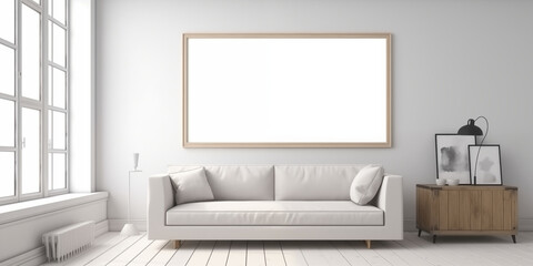 Blank picture frame mockup on white wall. White living room design. View of modern scandinavian style interior with sofa. Home staging and minimalism concept