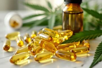 Yellow transparent medical capsules of cannabis oil with cannabis leaves in the background.
