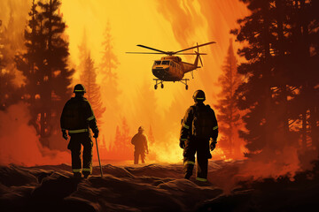 Fototapeta na wymiar Two firemen looking the forest on fire, warning of global warming