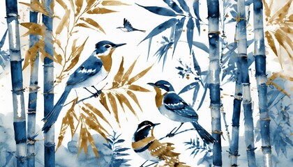 watercolor bamboo design in blue and white with birds and birds on a white background in the style...