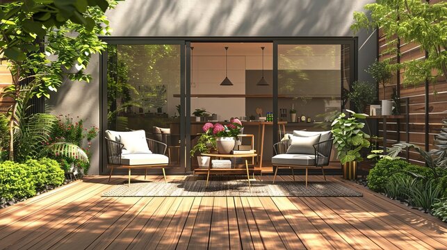 exterior view of a cozy back garden patio area with wooden decking and outdoor furniture architectural illustration