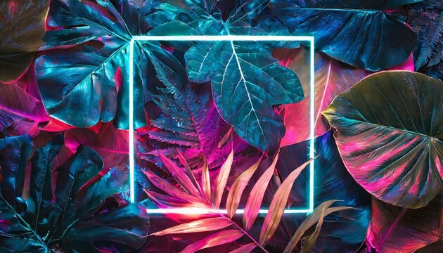 creative fluorescent color layout made of tropical leaves with neon light square flat lay nature concept