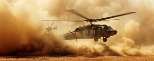 Military chopper - helicopter landing in desert surrounded by smoke