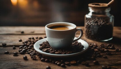 a freshly brewed espresso in a white cup surrounded by roasted coffee beans on a rustic wooden table