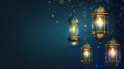 Fototapeta na wymiar Ramadan Kareem with golden crescent moon, golden lantern, islamic decorative elements template