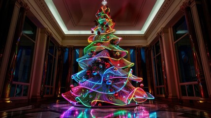 fantasy christmas tree composed of swirling lights and vibrant colors offering a modern twist on traditional holiday decor - obrazy, fototapety, plakaty