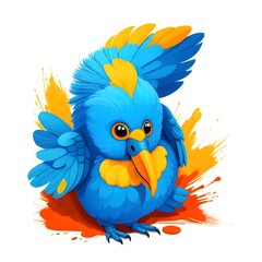 Vibrant Blue and Yellow Illustrated Parrot with Dynamic Color Splashes