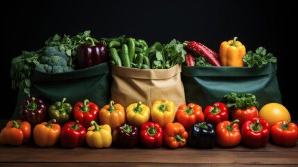 Obraz na płótnie Canvas Fresh Vegetables in Reusable Grocery Bags on Dark Background.Generstive AI.