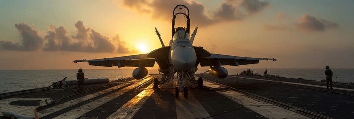 Fighter jet on aircraft carrier at sunset, military banner