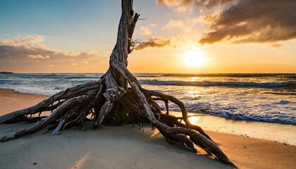 overgrown isolated tree roots on the beach with amazing sunset