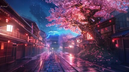 Fototapeta na wymiar fantasy japanese night cityscape with neon lights traditional buildings and giant sakura tree urban manga background 3d render