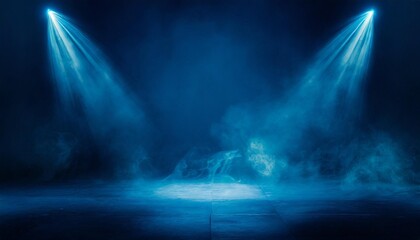 the dark stage shows dark blue background an empty dark scene neon light spotlights the asphalt...