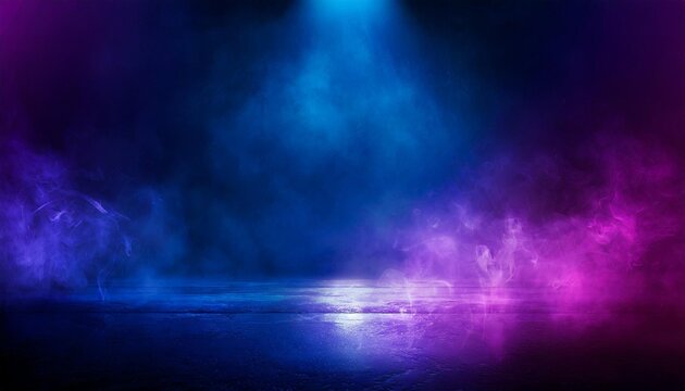 the dark stage shows empty dark blue purple pink background neon light spotlights the asphalt floor and studio room with smoke float up the interior texture for display products