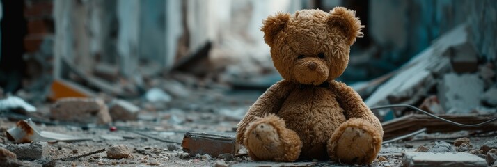 Teddy bear is abandoned in an area destroyed by war. Teddy bear in a devastated urban zone