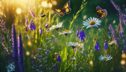 Tableaux sur verre Herbe beautiful field meadow flowers chamomile and violet wild bells and three flying butterflies in morning green grass in sunlight natural landscape delightful pastoral airy fresh artistic generativeai
