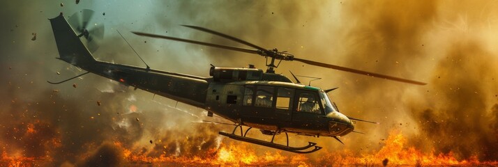 Military chopper - helicopter flying through smoke and fire